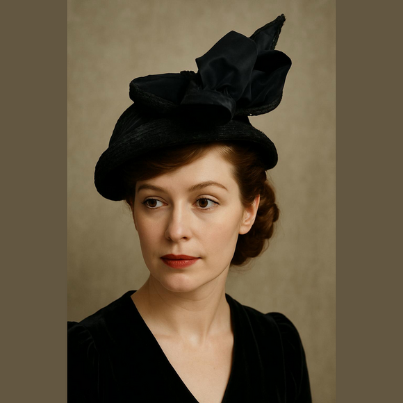 Accessories - 40s BLACK WOVEN SKULL CAP W WIDE GROSGRAIN SHAPABLE DRAMATIC RIBBON BOW W BORDER